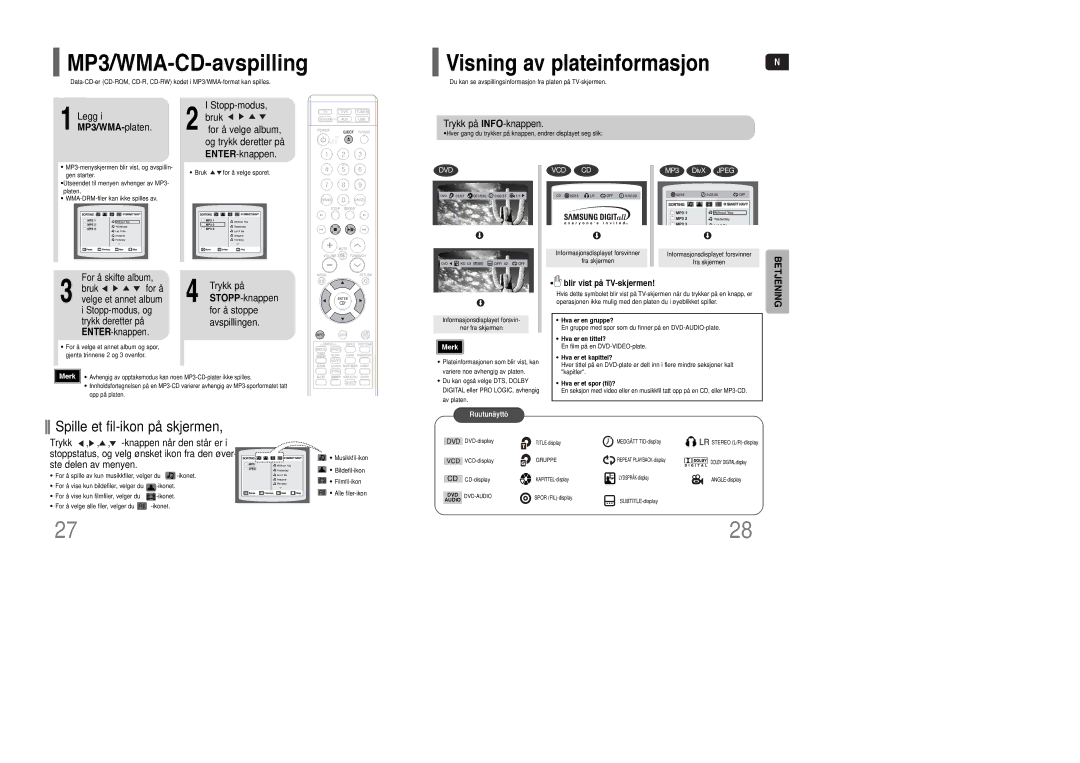 Samsung HT-XQ100R/ELS, HT-XQ100WR/ELS manual MP3/WMA-CD-avspilling, Spille et fil-ikon på skjermen, LeggMP3/WMAi -platen 