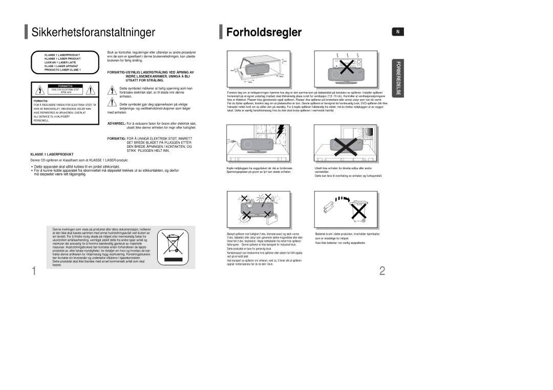 Samsung HT-XQ100T/XEE, HT-XQ100R/ELS manual ForholdsreglerN, Dette apparatet skal alltid kobles til en jordet stikkontakt 