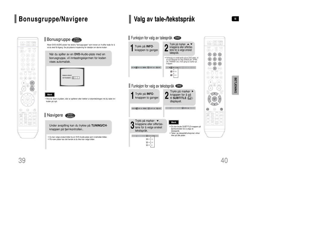 Samsung HT-XQ100R/ELS manual Bonusgruppe DVD, Navigere DVD, 1Trykk på INFO- knappen to ganger, Til Subtitle, Displayet 