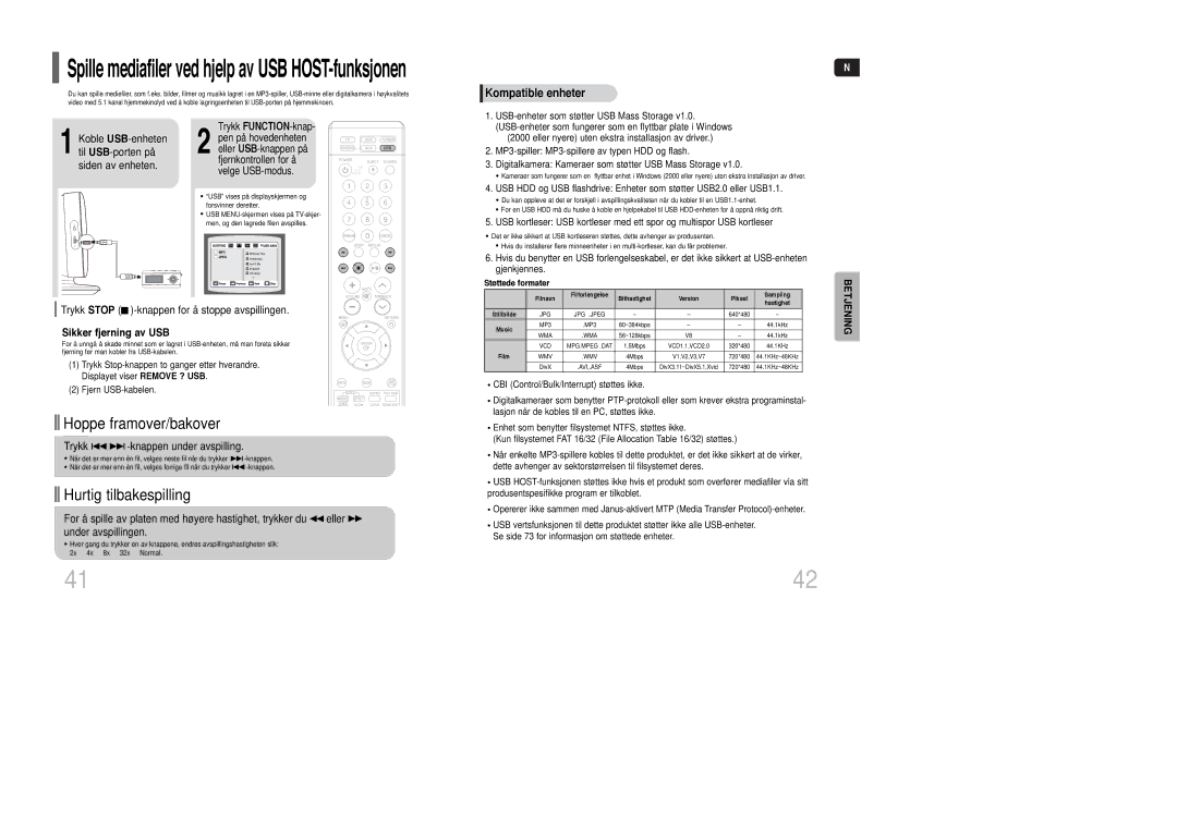 Samsung HT-XQ100WR/ELS, HT-XQ100R/ELS, HT-XQ100T/XEE Hoppe framover/bakover, Hurtig tilbakespilling, Sikker fjerning av USB 