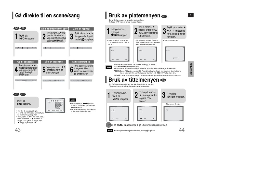 Samsung HT-XQ100T/XEE, HT-XQ100R/ELS manual Bruk av platemenyen DVD, Bruk av tittelmenyen DVD, Gå direkte til en scene/sang 