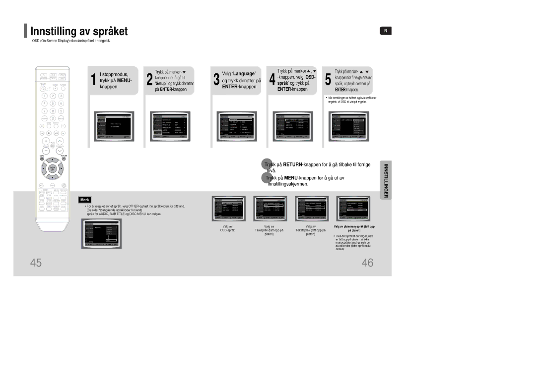 Samsung HT-XQ100R/ELS, HT-XQ100WR/ELS manual Innstilling av språket, Stoppmodus, trykk på Menu Knappen, Velg ‘Language’ 