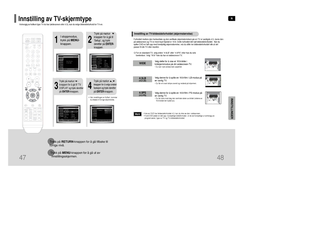 Samsung HT-XQ100WR/ELS, HT-XQ100R/ELS manual Innstilling av TV-bildesideforholdet skjermstørrelse, 43LB, 43PS, En vanlig TV 