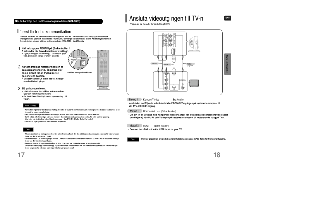 Samsung HT-XQ100WR/ELS manual Metod KomposiTVideo ................. Bra kvalitet, Metod 2 Komponent ....... Bättre kvalitet 