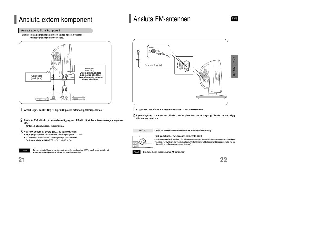 Samsung HT-XQ100R/ELS, HT-XQ100WR/ELS, HT-XQ100T/XEE manual Ansluta FM-antennen, Ansluta extern, digital komponent, Kylfläkt 