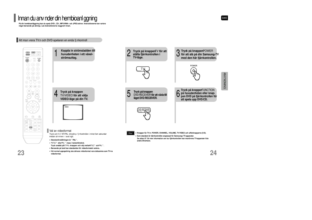 Samsung HT-XQ100WR/ELS, HT-XQ100R/ELS manual Att manövrera TVn och DVD-spelaren en enda fjärrkontroll, Val av videoformat 