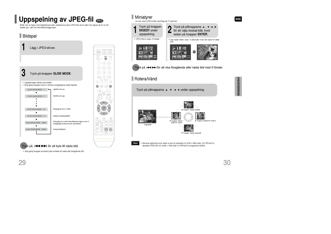 Samsung HT-XQ100WR/ELS manual Lägg i JPEG-skivan Tryck på knappen, Digest under uppspelning, Tryck på knappen Slide Mode 