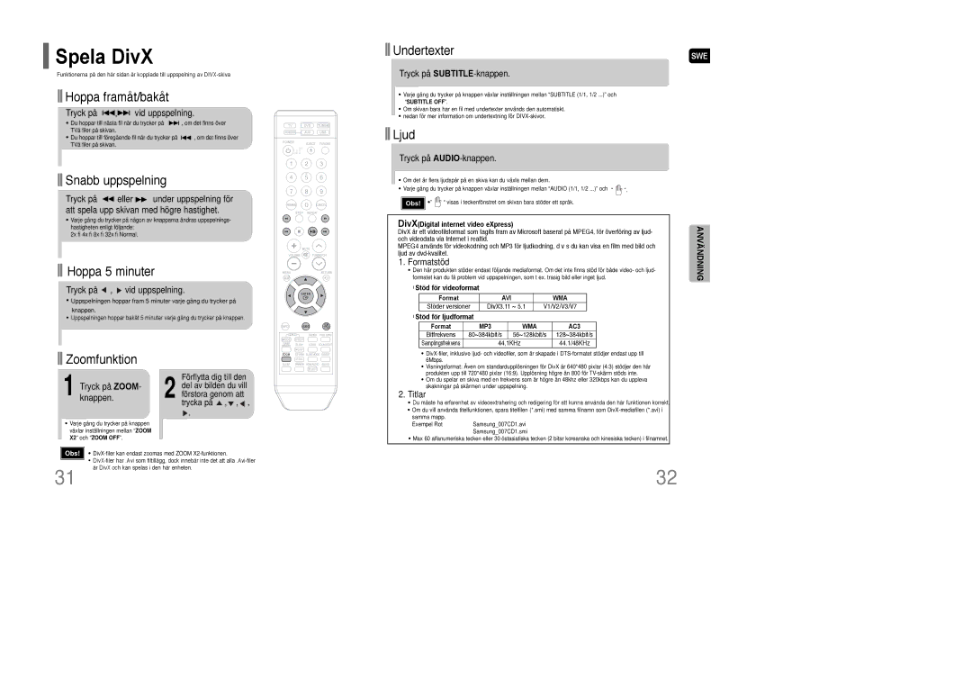 Samsung HT-XQ100T/XEE, HT-XQ100R/ELS, HT-XQ100WR/ELS manual Spela DivX 