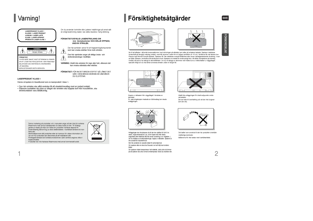 Samsung HT-XQ100T/XEE, HT-XQ100R/ELS, HT-XQ100WR/ELS manual Varning, Försiktighetsåtgärder SWE 