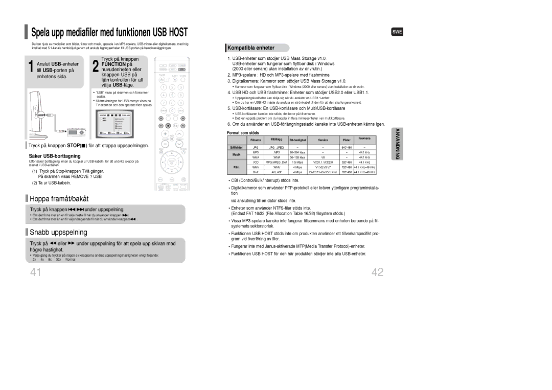 Samsung HT-XQ100WR/ELS, HT-XQ100R/ELS manual Tryck på knappen Stop för att stoppa uppspelningen, Säker USB-borttagning 