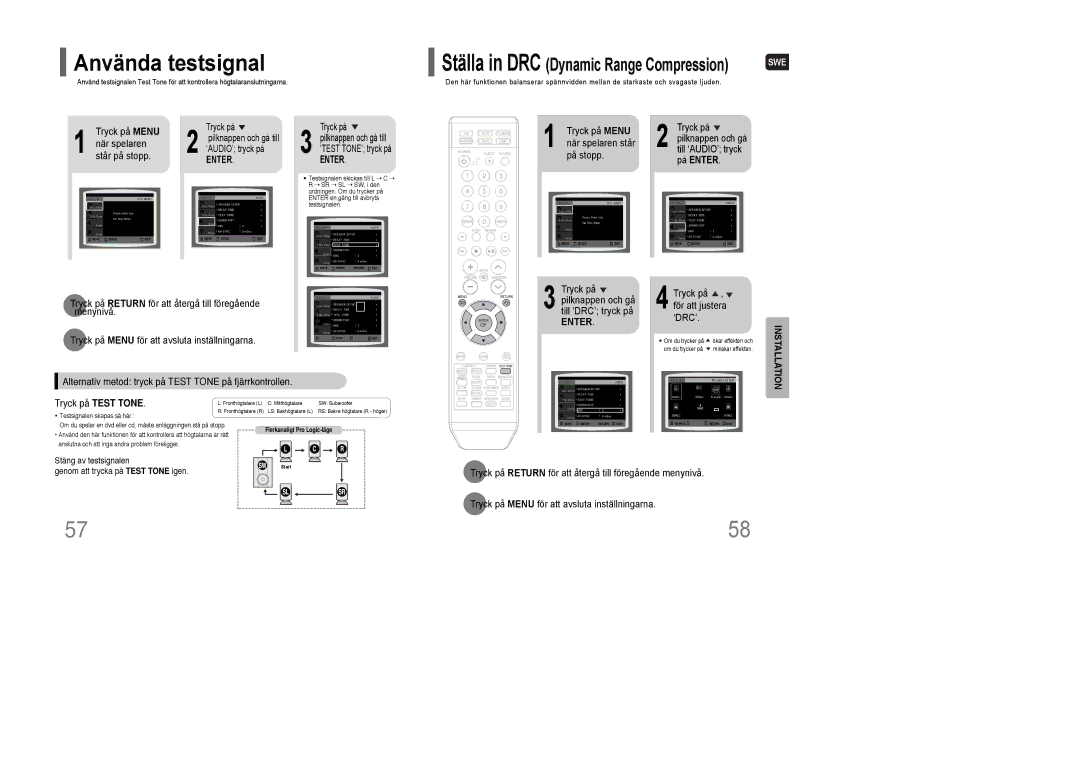 Samsung HT-XQ100R/ELS manual Använda testsignal, Tryck på pilknappen och gå till ‘AUDIO’ tryck på Enter, Tryck på Test Tone 