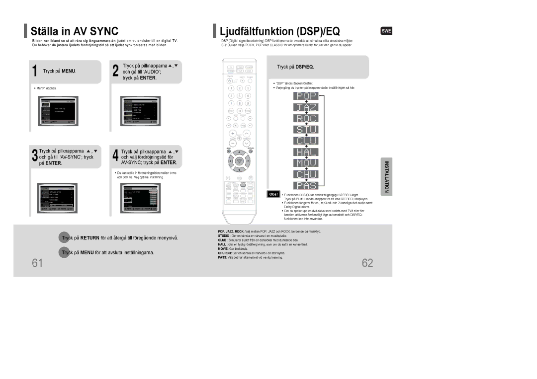 Samsung HT-XQ100T/XEE, HT-XQ100R/ELS Ställa in AV Sync, Tryck på pilknapparna , 3och gå till ‘AV-SYNC’ tryck, På Enter 