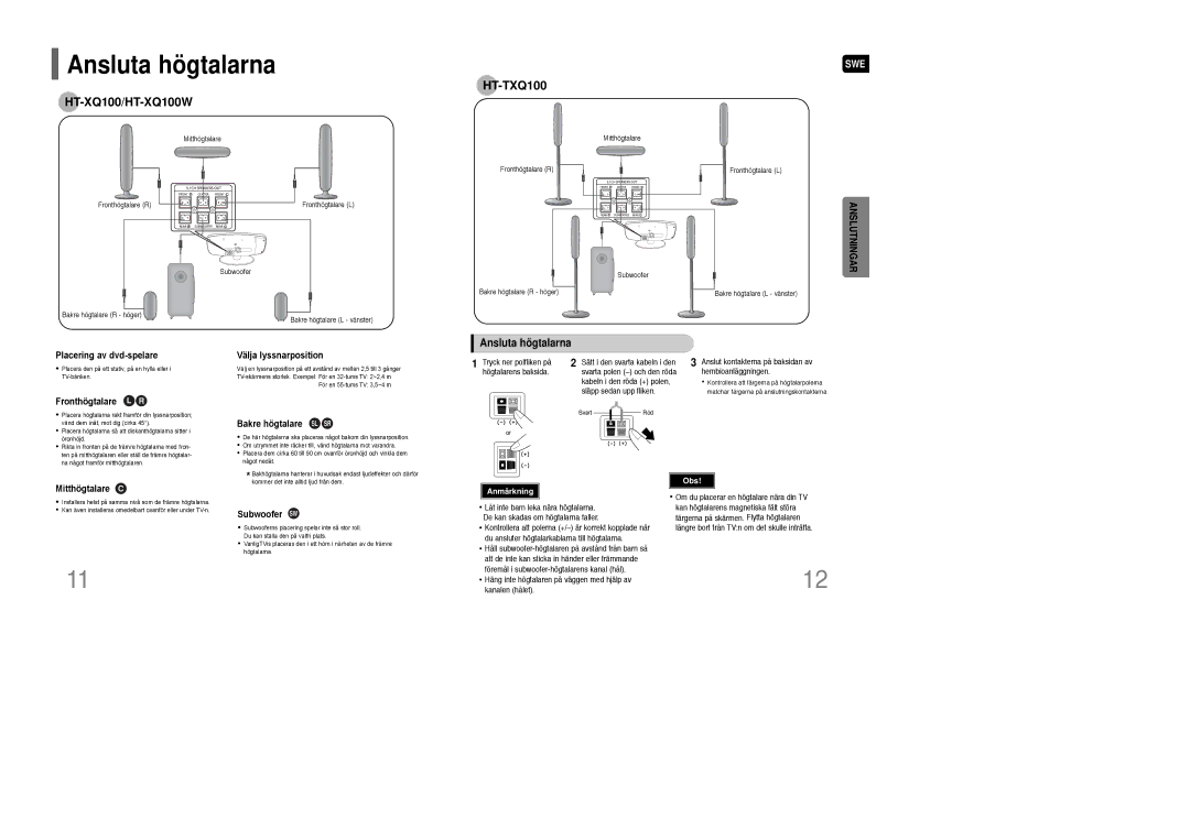 Samsung HT-XQ100WR/ELS, HT-XQ100R/ELS, HT-XQ100T/XEE manual Ansluta högtalarna 