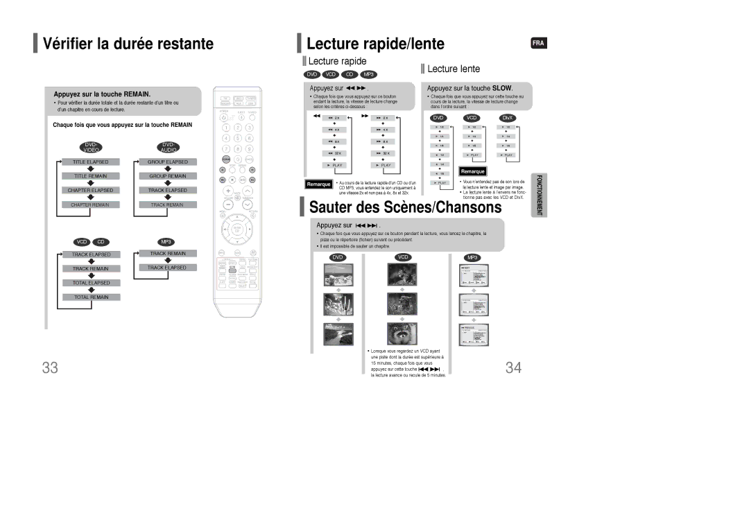 Samsung HT-XQ100T/XEF manual Vérifier la durée restante Lecture rapide/lente, Appuyez sur la touche Remain 