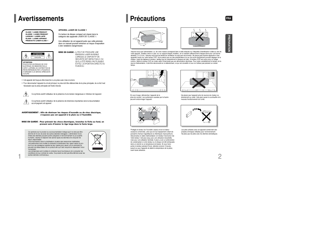 Samsung HT-XQ100T/XEF manual Avertissements PrécautionsFRA, Appareil Laser DE Classe 