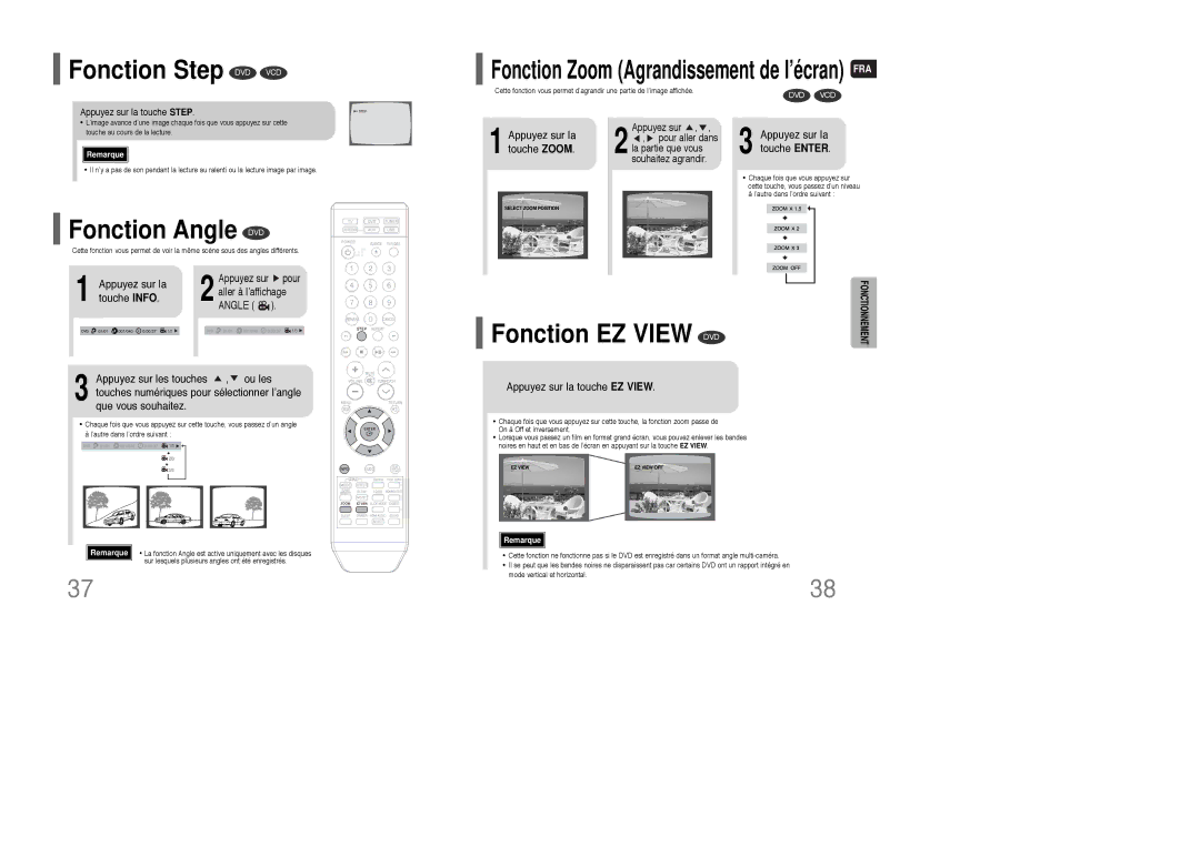 Samsung HT-XQ100T/XEF manual Fonction Step DVD VCD, Fonction Angle DVD, Fonction EZ View DVD 