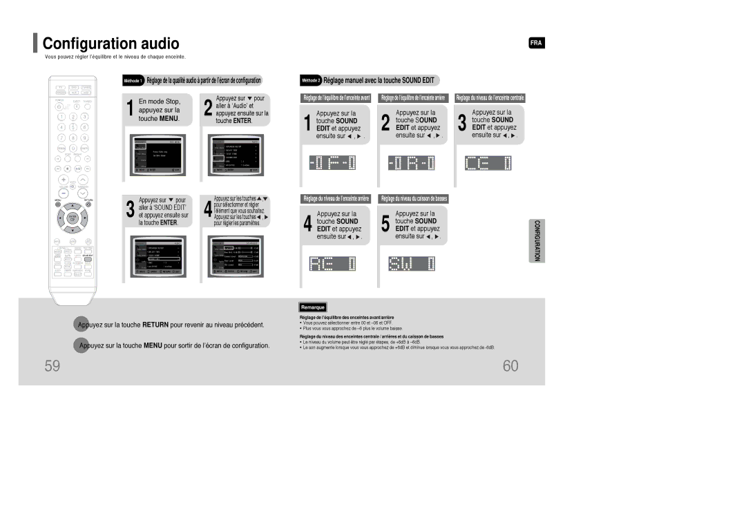 Samsung HT-XQ100T/XEF manual Configuration audio, Appuyez sur la Touche Menu Touche S Ound Touche Sound 