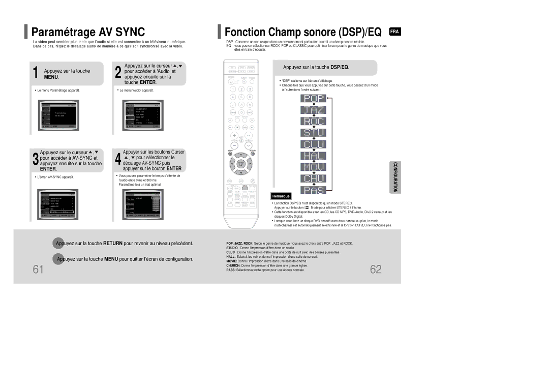 Samsung HT-XQ100T/XEF manual Paramétrage AV Sync, Appuyez sur la touche DSP/EQ, Le menu Paramétrage apparaît 