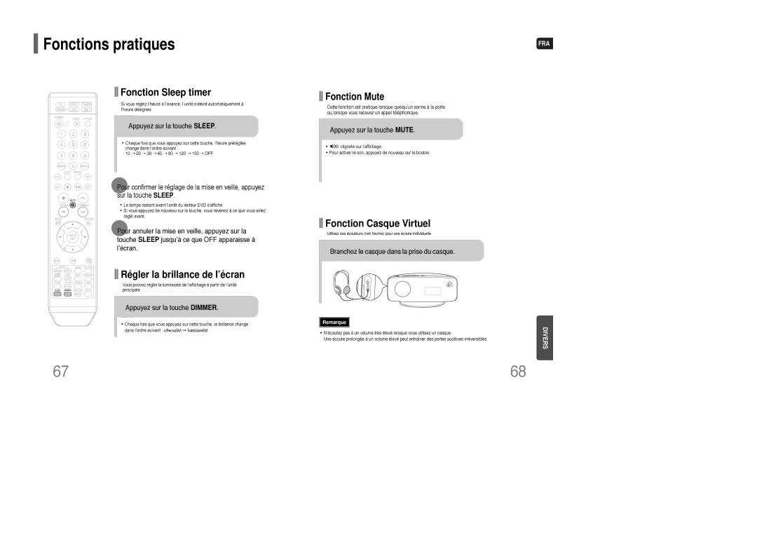 Samsung HT-XQ100T/XEF manual Appuyez sur la touche Sleep, Appuyez sur la touche Dimmer 