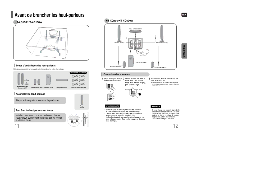 Samsung HT-XQ100T/XEF manual Boites d’emballages des haut-parleurs, Connexion des enceintes, Assembler les Haut-parleurs 