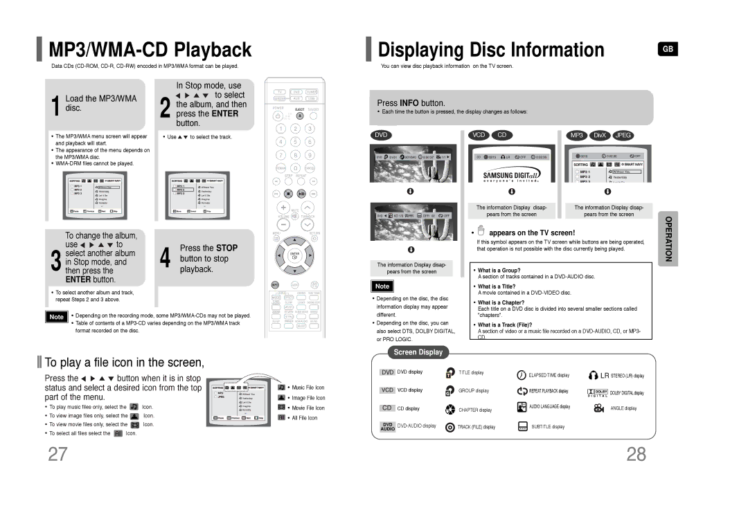 Samsung HT-XQ100W, HT-TXQ100, AH68-01852B instruction manual MP3/WMA-CD Playback 