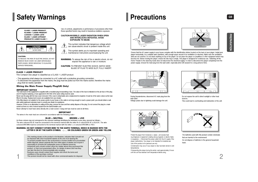 Samsung AH68-01852B, HT-XQ100W, HT-TXQ100 instruction manual Safety Warnings PrecautionsGB, Class 1 Laser Product 