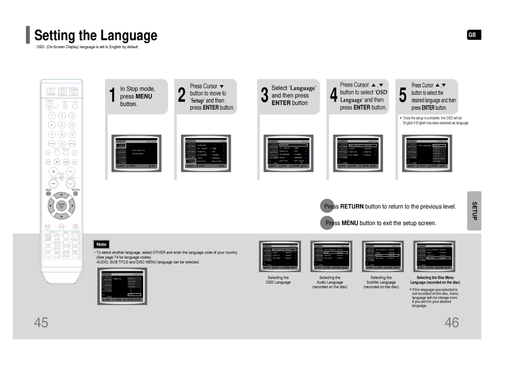 Samsung HT-XQ100W, HT-TXQ100, AH68-01852B Setting the Language, Stop mode, Select ‘ Language’, Then press, Enter button 