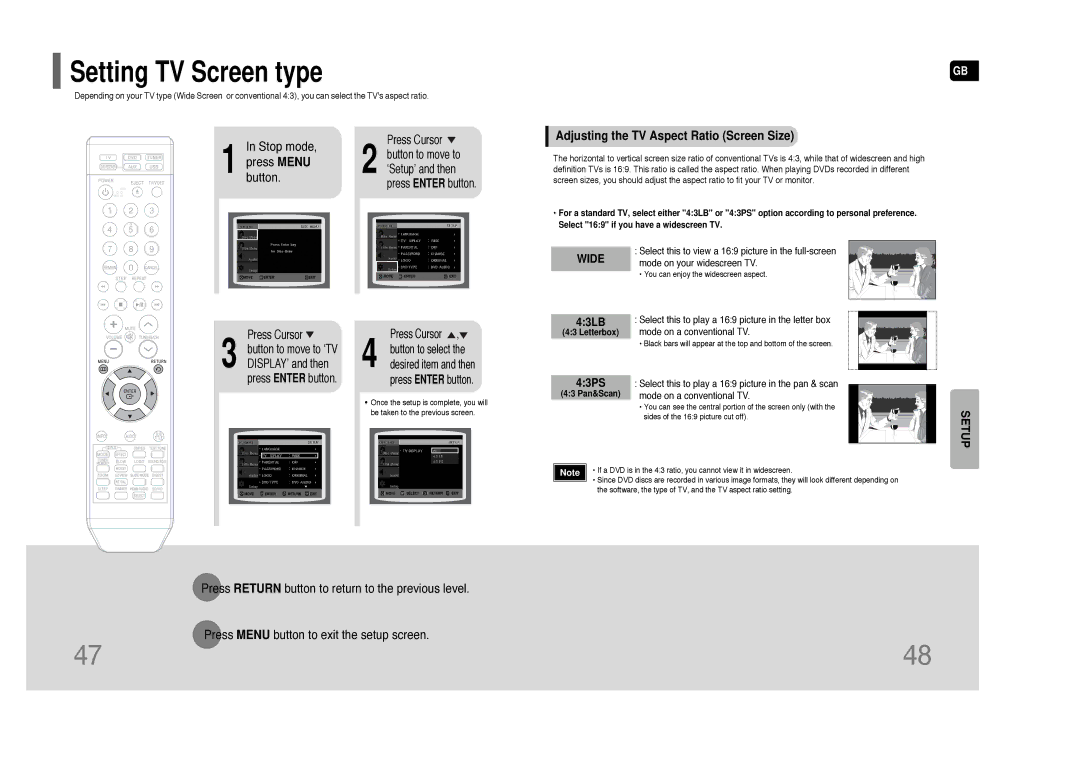 Samsung HT-TXQ100, HT-XQ100W, AH68-01852B Setting TV Screen type, Adjusting the TV Aspect Ratio Screen Size 