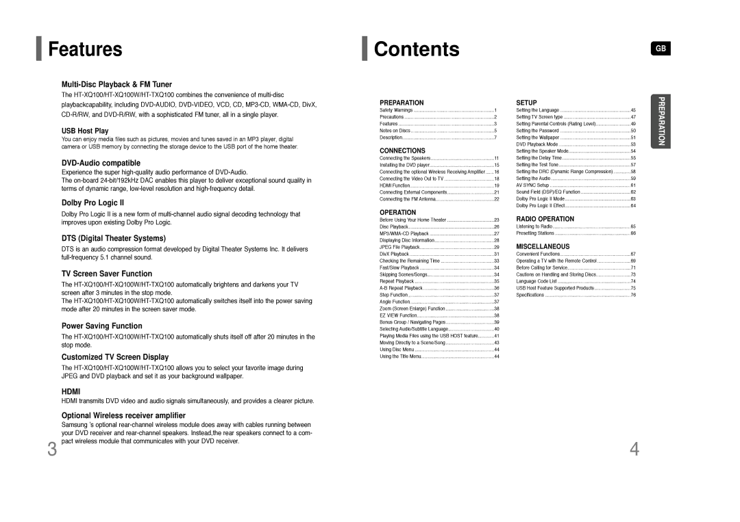 Samsung HT-XQ100W, HT-TXQ100, AH68-01852B instruction manual Contents 