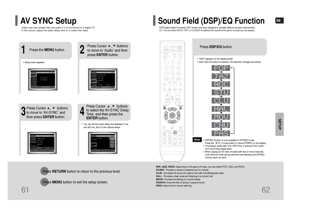 Samsung AH68-01852B, HT-XQ100W, HT-TXQ100 instruction manual AV Sync Setup, Press DSP/EQ button 