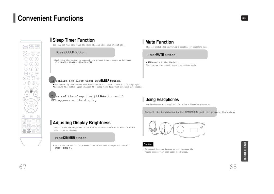 Samsung AH68-01852B, HT-XQ100W, HT-TXQ100 instruction manual Convenient Functions, Press Sleep button, Press Dimmer button 