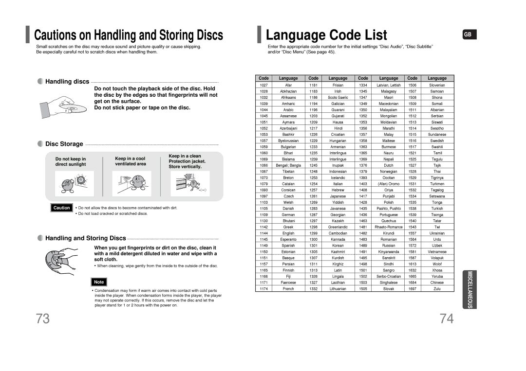 Samsung AH68-01852B, HT-XQ100W, HT-TXQ100 instruction manual Language Code List, Handling discs 