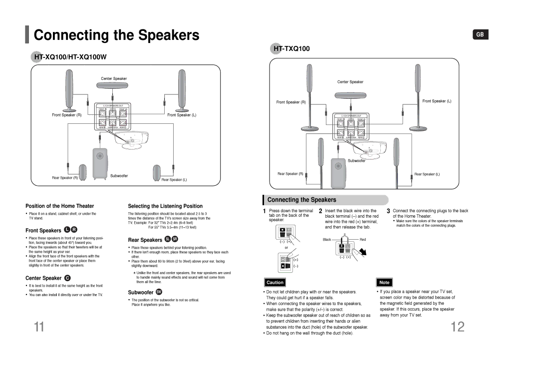 Samsung HT-TXQ100, HT-XQ100W, AH68-01852B instruction manual Connecting the Speakers 