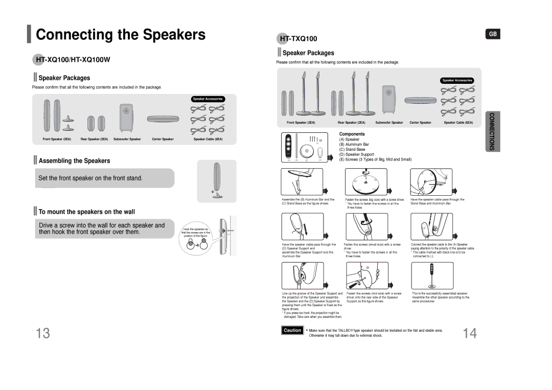 Samsung AH68-01852B, HT-XQ100W, HT-TXQ100 Speaker Packages, Assembling the Speakers, To mount the speakers on the wall 