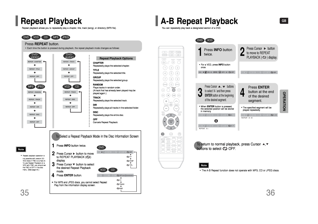 Samsung HT-TXQ100 A-BRepeat Playback, Press REPEAT button, Press INFO button, twice, Press ENTER, DVD VCD CD MP3 JPEG 