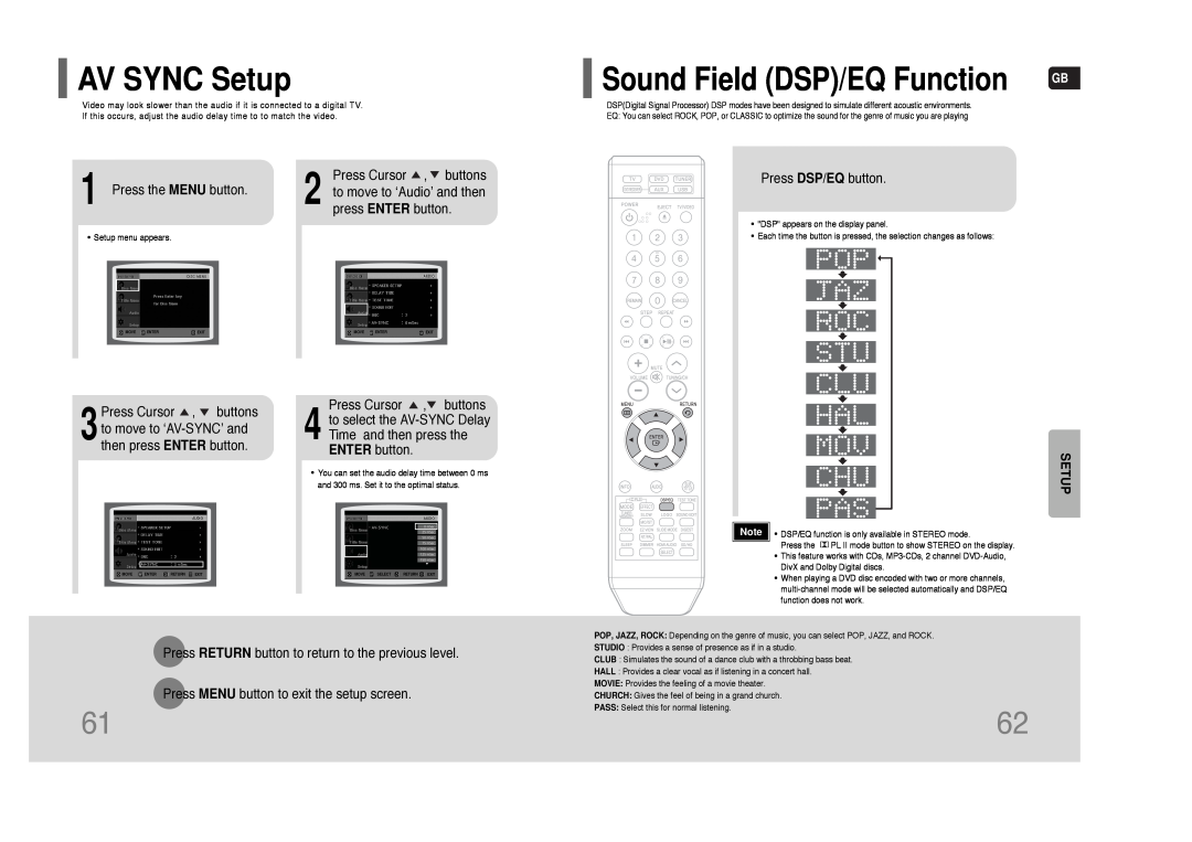 Samsung AH68-01852B, HT-XQ100W, HT-TXQ100 instruction manual AV SYNC Setup, Sound Field DSP/EQ Function 