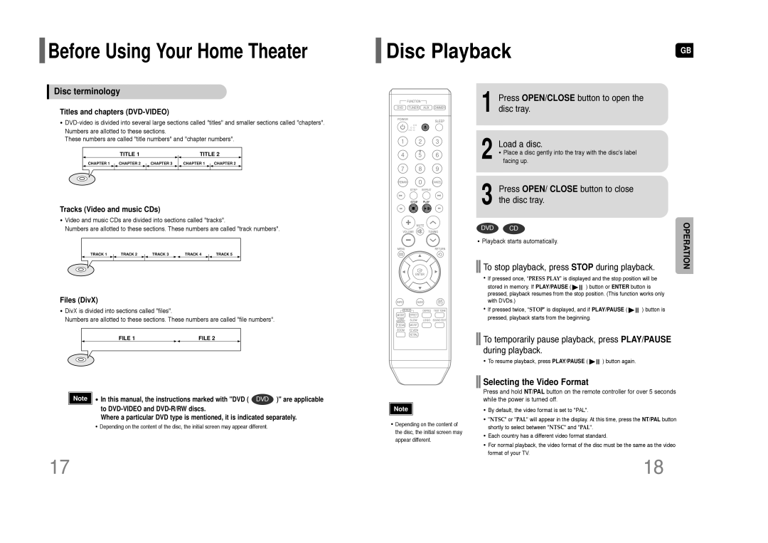 Samsung HT-Z110 Disc terminology, Press OPEN/CLOSE button to open the disc tray Load a disc, Selecting the Video Format 