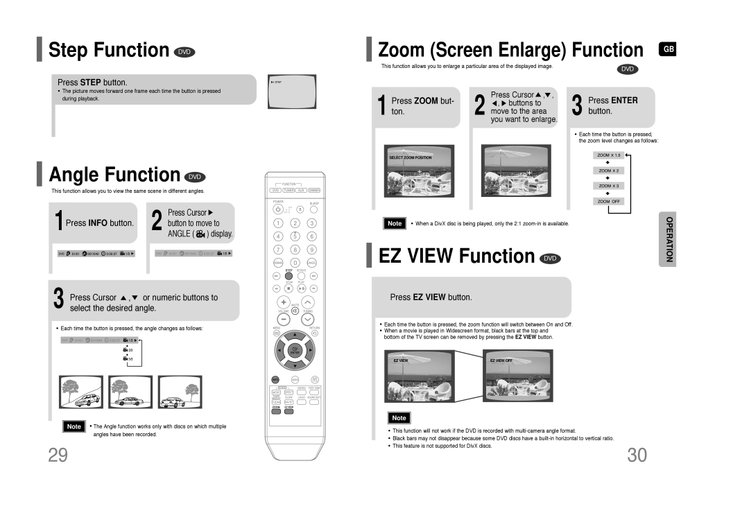 Samsung HT-Z110 user manual Step Function DVD, Angle Function DVD, EZ View Function DVD, Zoom Screen Enlarge Function 