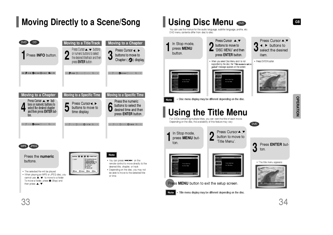 Samsung HT-Z110 user manual Using the Title Menu, Moving Directly to a Scene/Song, Ton 