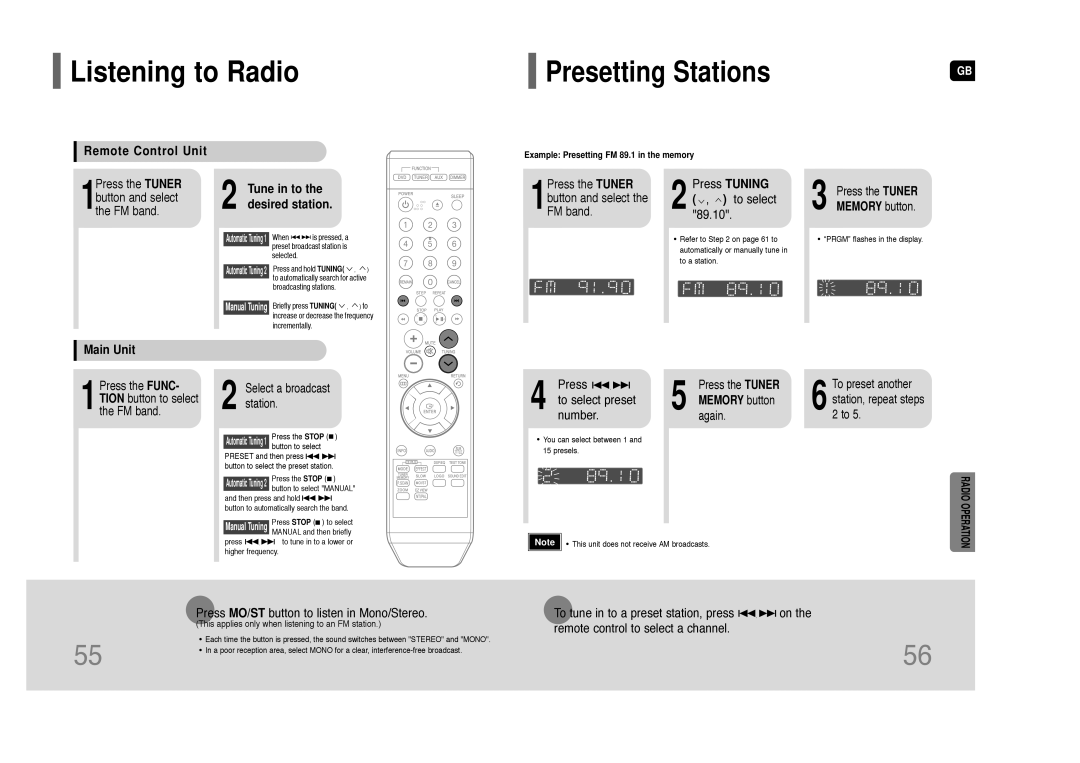 Samsung HT-Z110 user manual Listening to Radio, Remote Control Unit, Main Unit Tune in to the desired station 