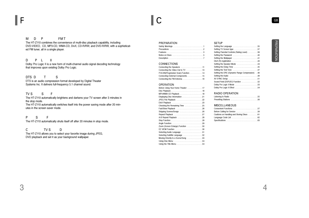 Samsung HT-Z110 user manual Contents 