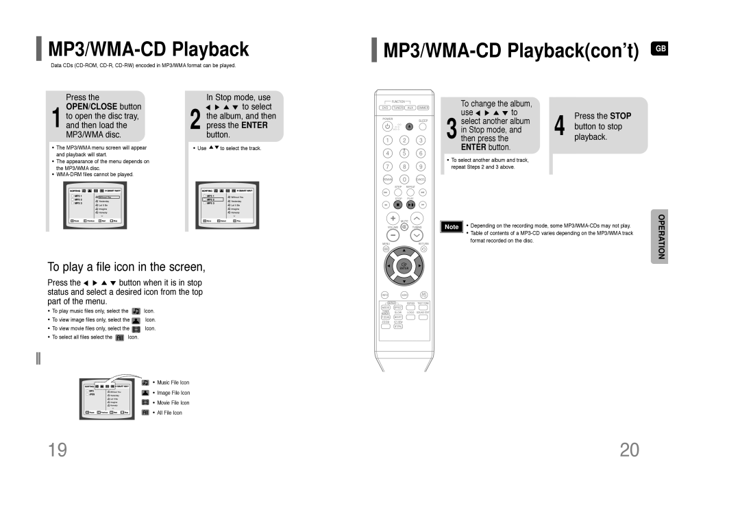 Samsung HT-Z110 user manual MP3/WMA-CDPlaybackcon’t GB, To play a file icon in the screen, OPEN/CLOSE button 