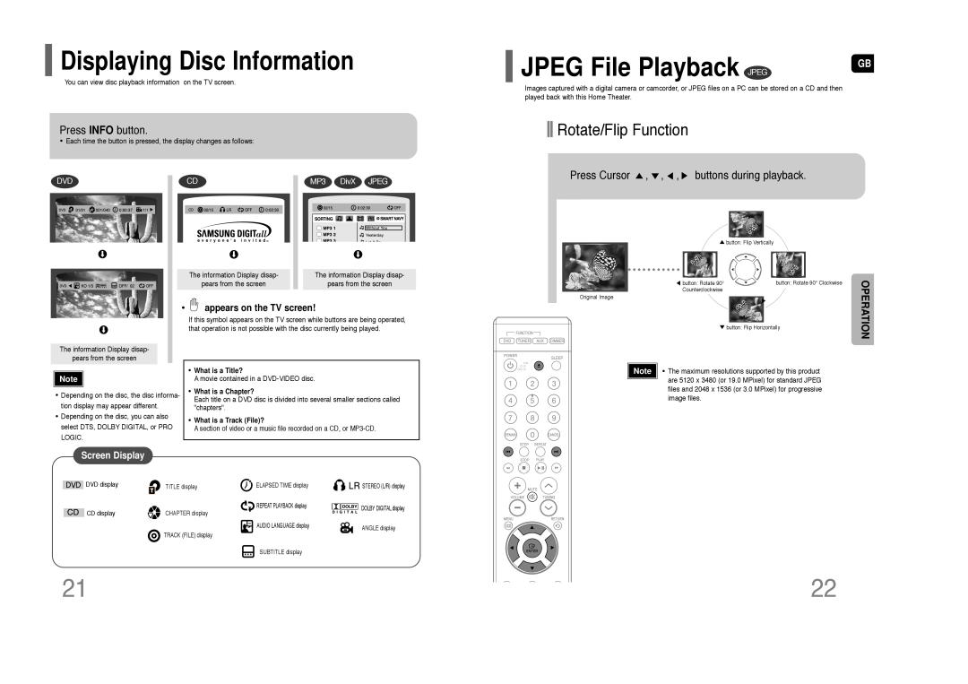 Samsung HT-Z110 JPEG File Playback JPEG, Displaying Disc Information, Rotate/Flip Function, Press INFO button, Operation 