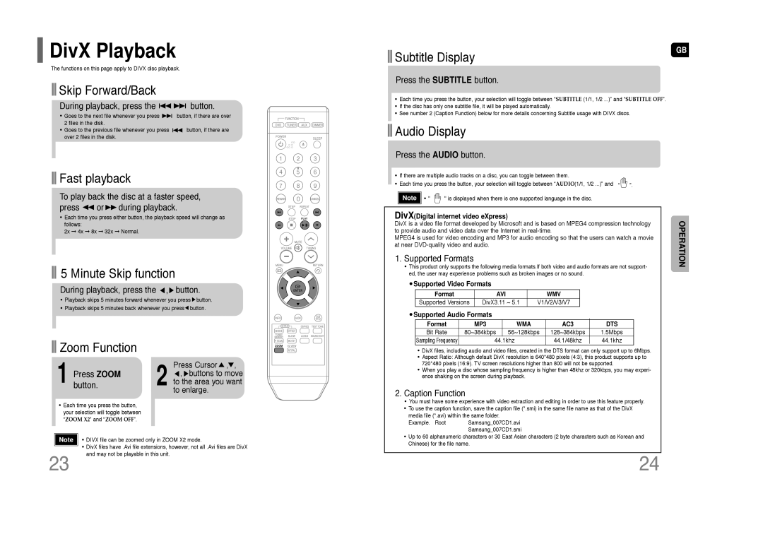 Samsung HT-Z110 DivX Playback, Skip Forward/Back, Fast playback, Minute Skip function, Subtitle Display, Audio Display 