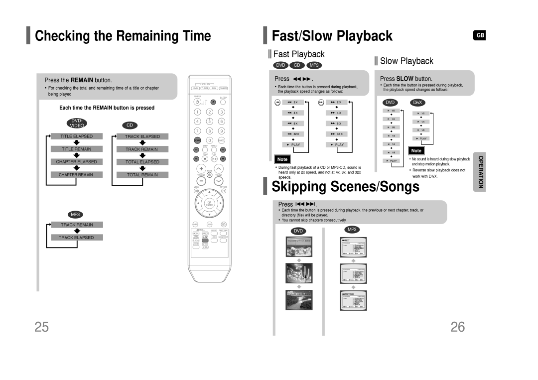 Samsung HT-Z110 Fast/Slow Playback, Skipping Scenes/Songs, Checking the Remaining Time, Fast Playback, Press, DVD CD MP3 
