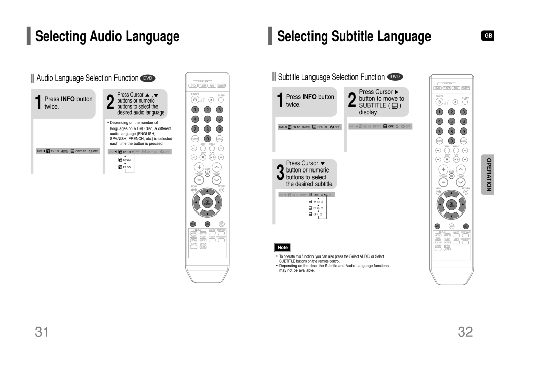 Samsung HT-Z110 Selecting Audio Language, Selecting Subtitle Language, Press INFO button twice, Press Cursor, Operation 