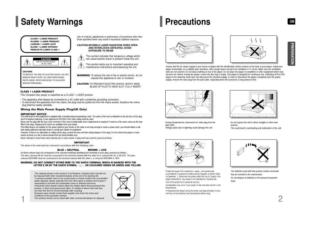 Samsung HT-Z110 Safety Warnings, PrecautionsGB, Preparation, Wiring the Main Power Supply PlugUK Only, Important Notice 