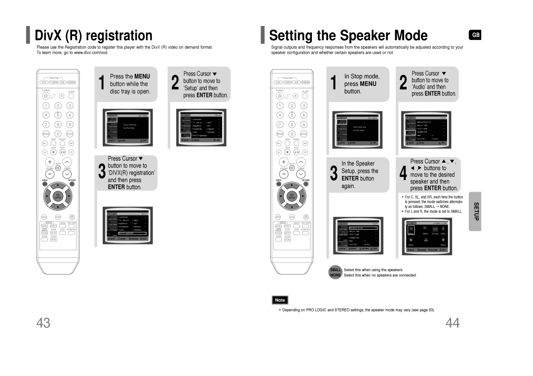 Samsung HT-Z110 user manual Setting the Speaker Mode, DivX R registration, In Stop mode 1 press MENU button, In the Speaker 