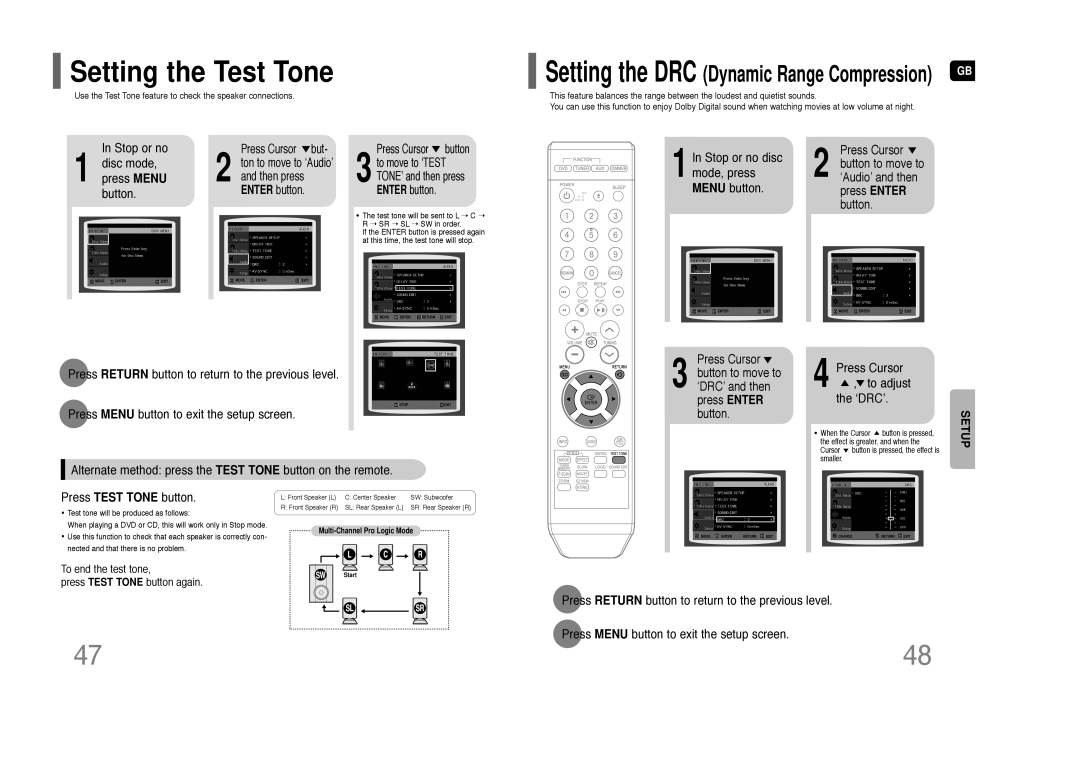 Samsung HT-Z110 Setting the Test Tone, In Stop or no 1 disc mode, press MENU button, Press TEST TONE button, Setup 