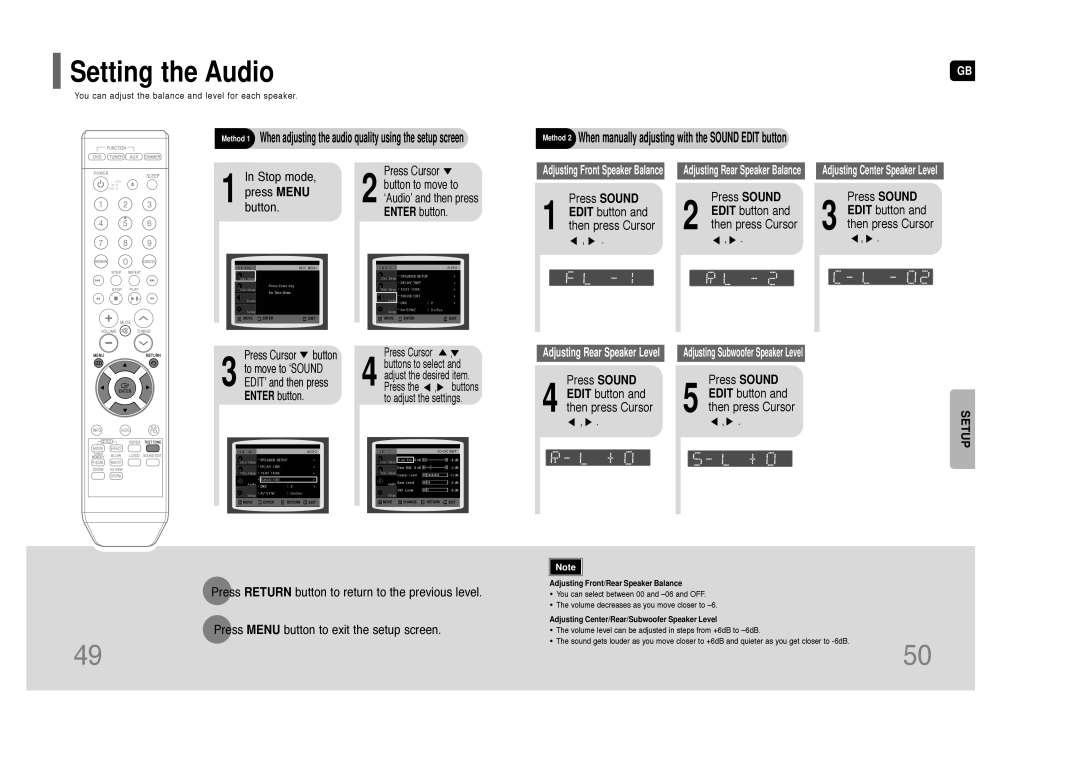 Samsung HT-Z110 user manual Setting the Audio, Stop mode, press MENU, Press MENU button to exit the setup screen 